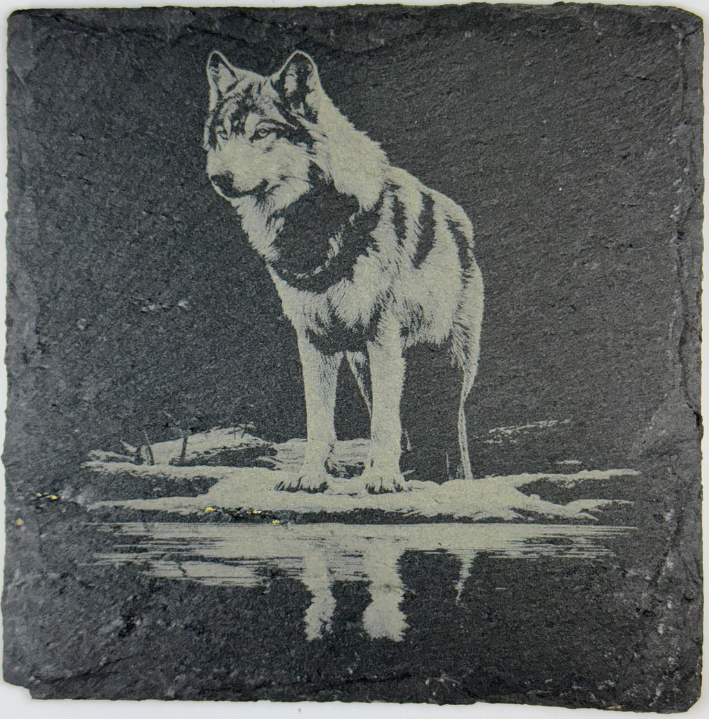 Standing Wolf Slate Coaster – Wilderness Wildlife Engraved Stone