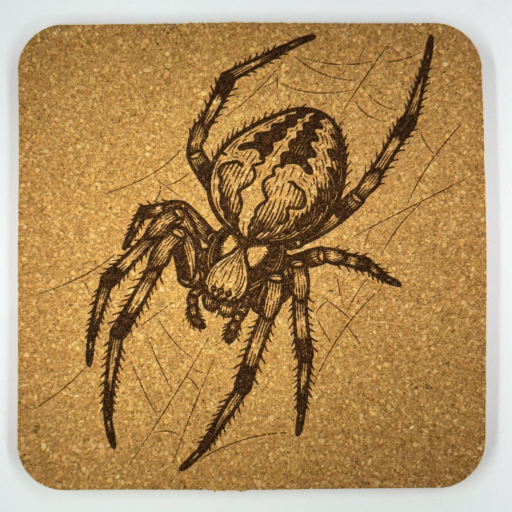 Spider Web Cork Coaster – Engraved Arachnid Decor