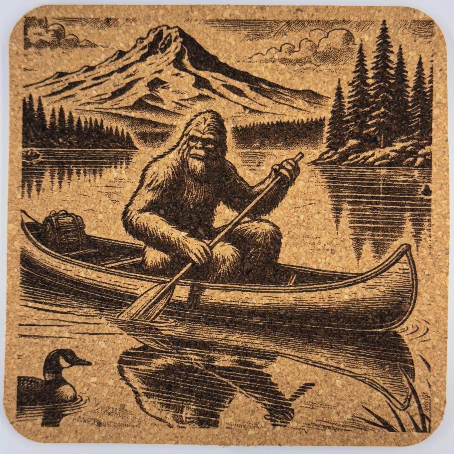 Bigfoot Canoe Cork Coaster – Pacific Northwest Sasquatch on Mountain Lake