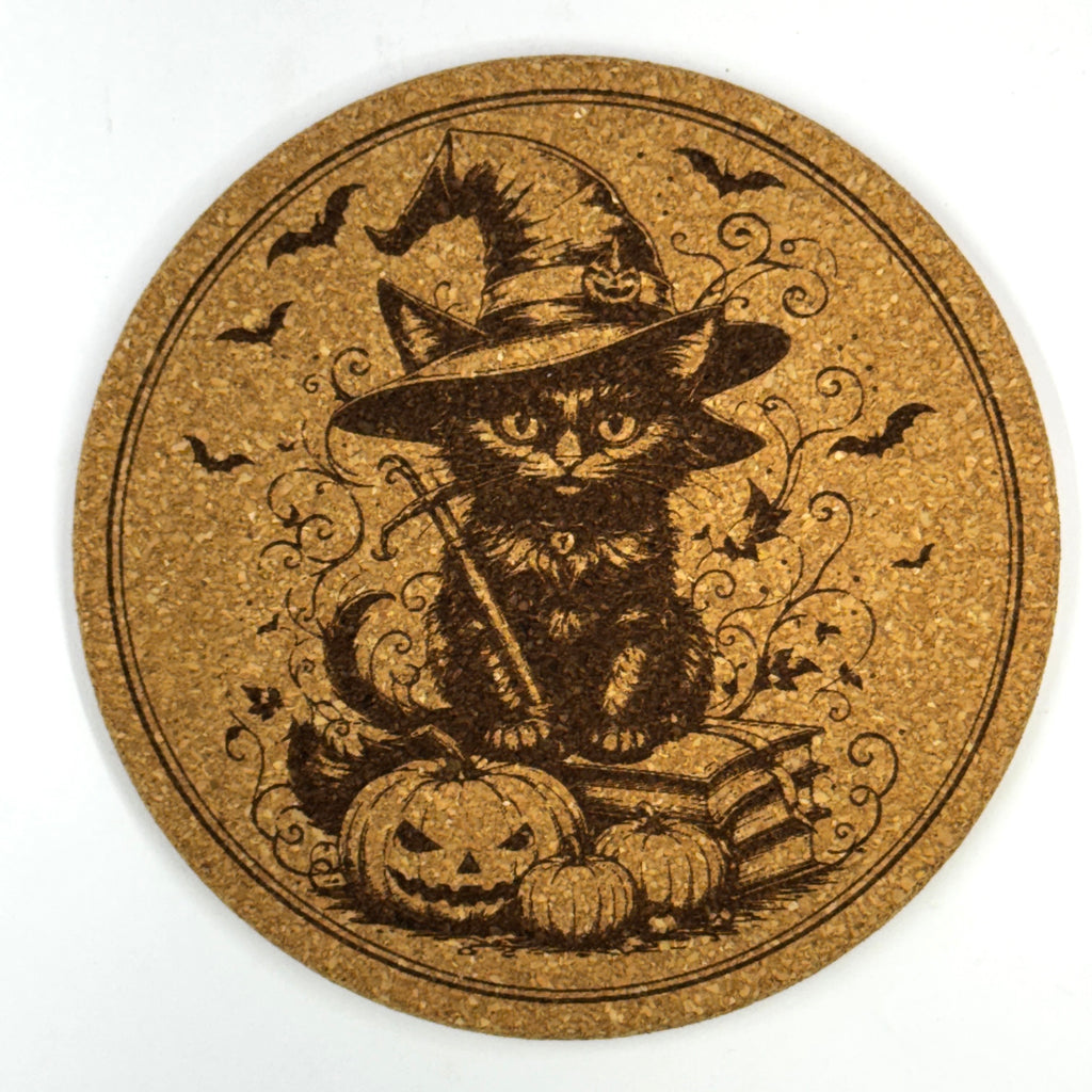 Halloween Witch & Haunted House Set of 6 Laser Engraved Cork Coasters