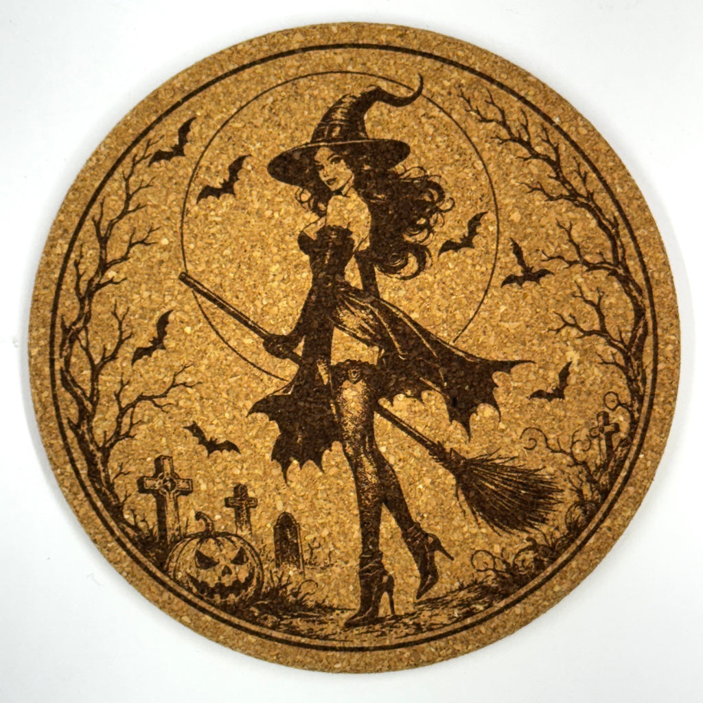 Halloween Witch & Haunted House Set of 6 Laser Engraved Cork Coasters