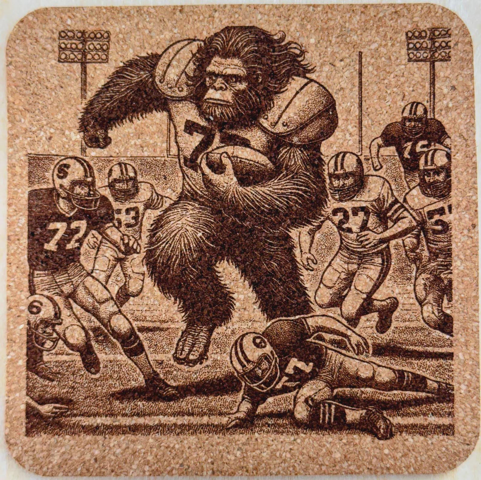 Bigfoot Football Cork Coaster – Sasquatch Running Back Sports Art