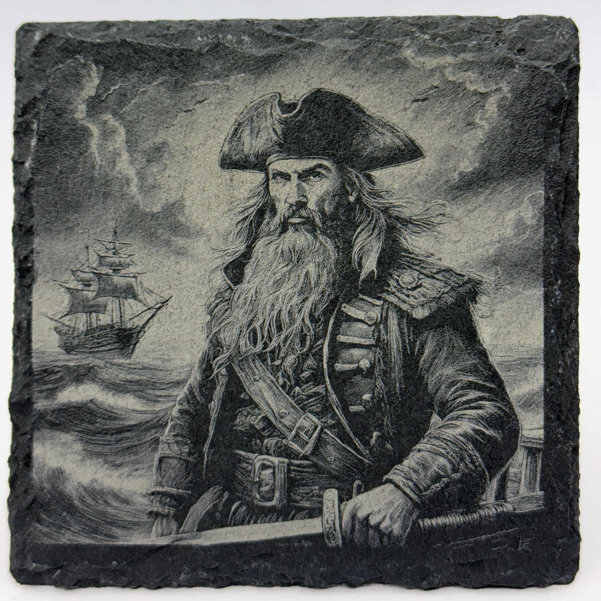 Battle-Ready Pirate at Sea – Slate Coaster