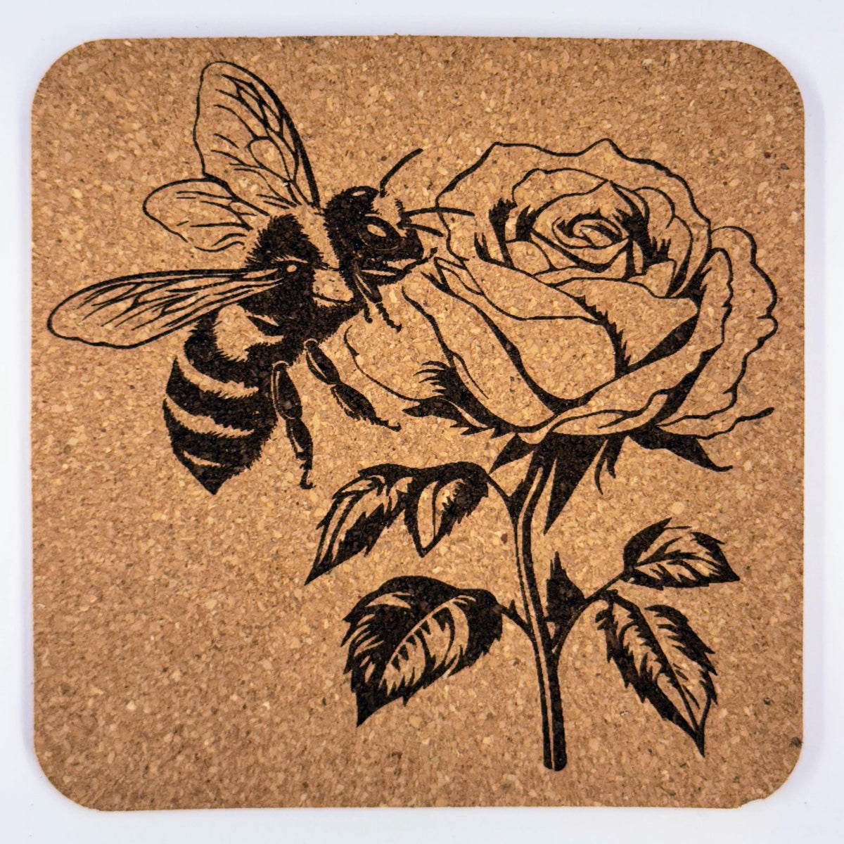 Pollinator Bee Floral Scene – Rustic Cork Coaster