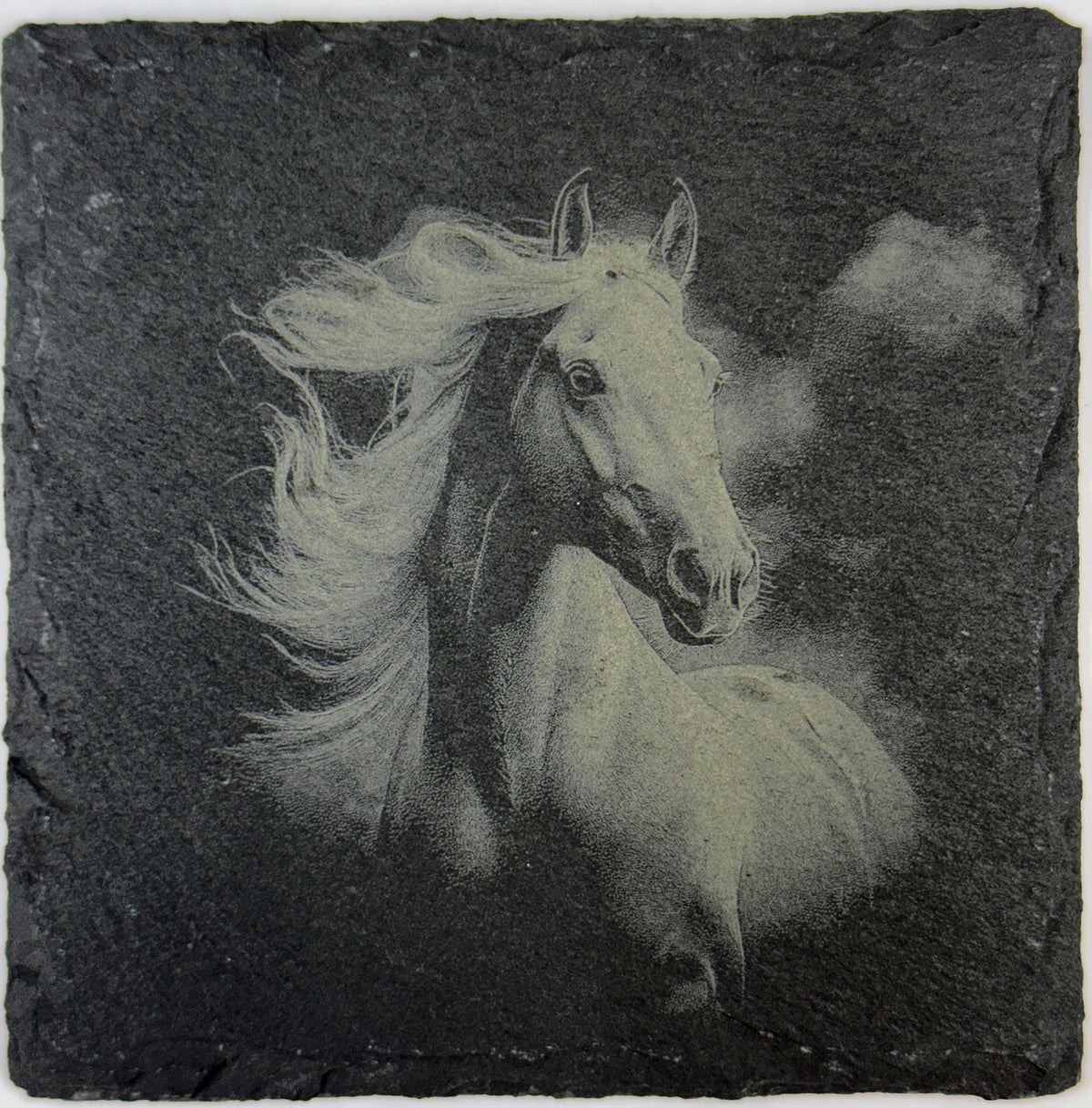 Free-Spirited Horse with Flowing Mane – Engraved Slate Coaster
