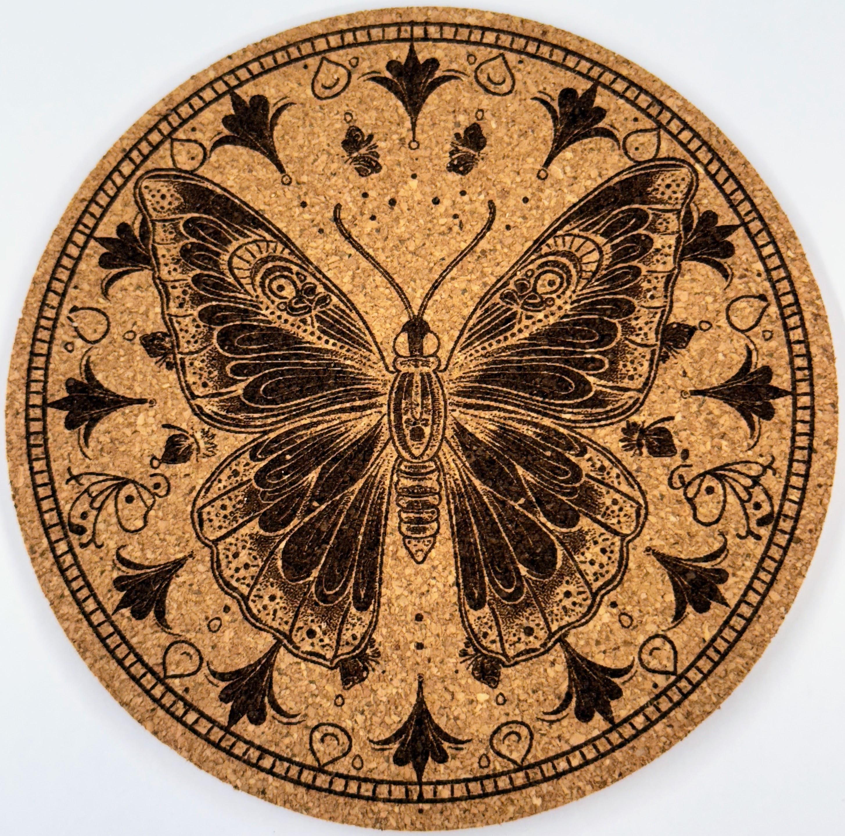 Butterfly Mandala Illustration – Ornate Floral Cork Coaster