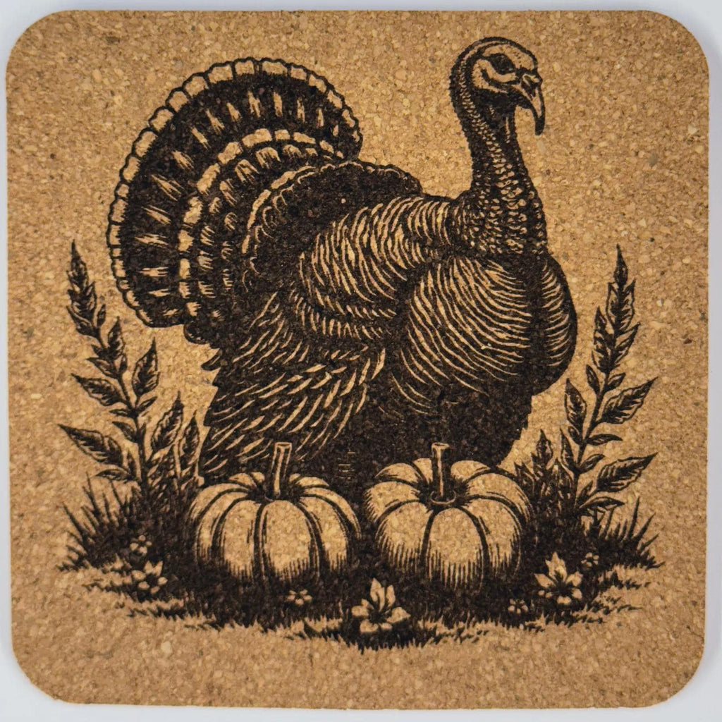Wild Turkey with Pumpkins – Rustic Fall Cork Coaster