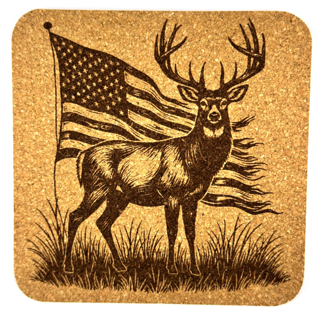 Patriotic Buck Deer Cork Coaster with American Flag