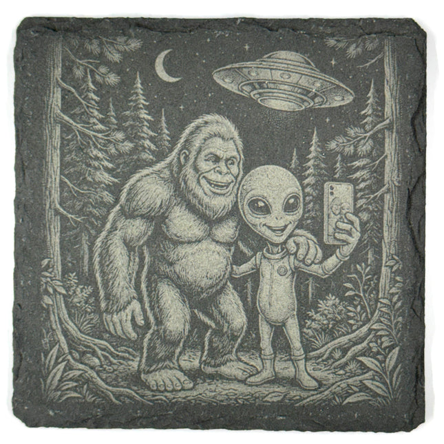 Bigfoot & Alien Selfie – Pacific Northwest Slate Coaster
