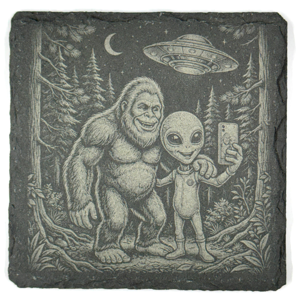 Bigfoot & Alien Selfie – Pacific Northwest Slate Coaster