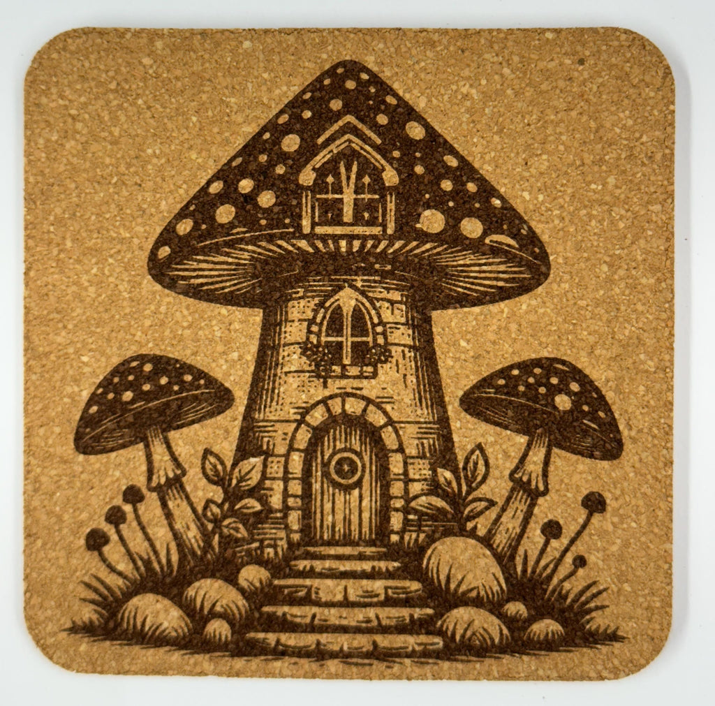 Mushroom Tower Fairy House Cork Coaster – Laser Engraved Woodland Fairy Art