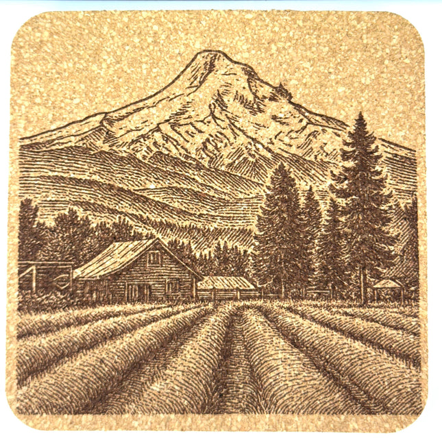 Pacific Northwest Mountain Farm Cork Coaster – Rural Landscape Scene