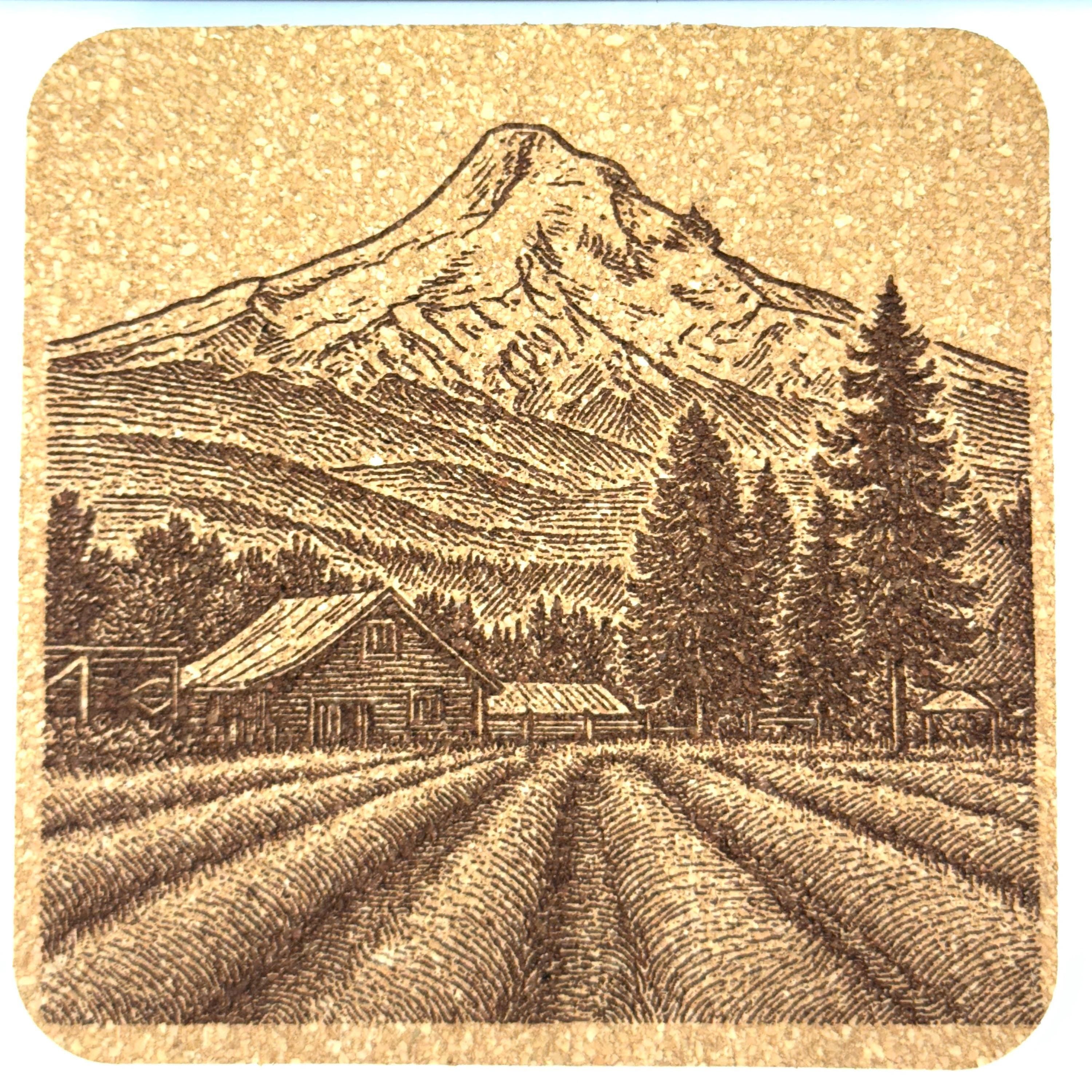 Pacific Northwest Mountain Farm Cork Coaster – Rural Landscape Scene