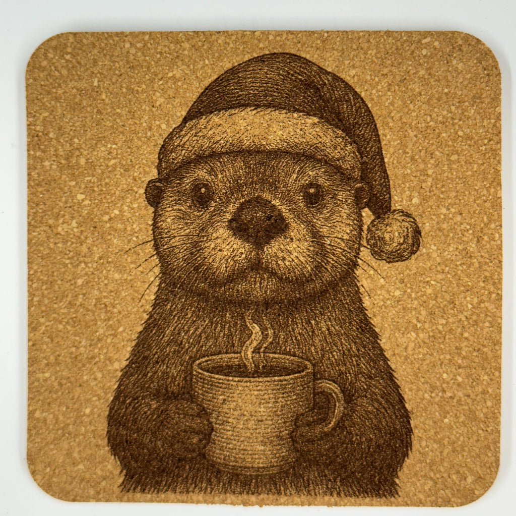 Cozy Otter with Hot Drink – Whimsical Cork Coaster