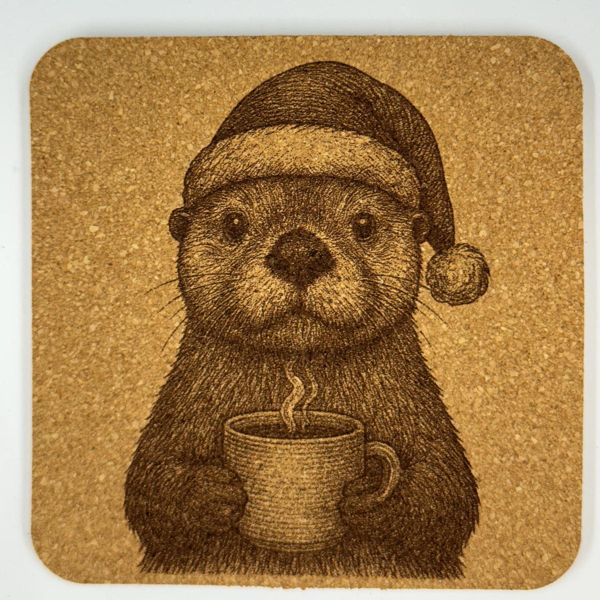 Cozy Otter with Hot Drink – Whimsical Cork Coaster