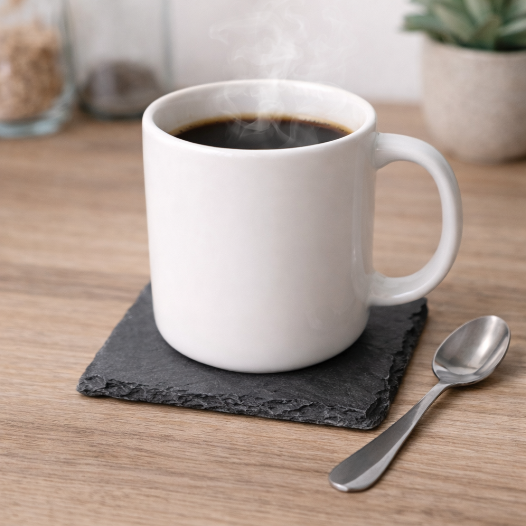 A white mug filled with hot coffee sits on a gray coaster, accompanied by a spoon on a wooden surface.