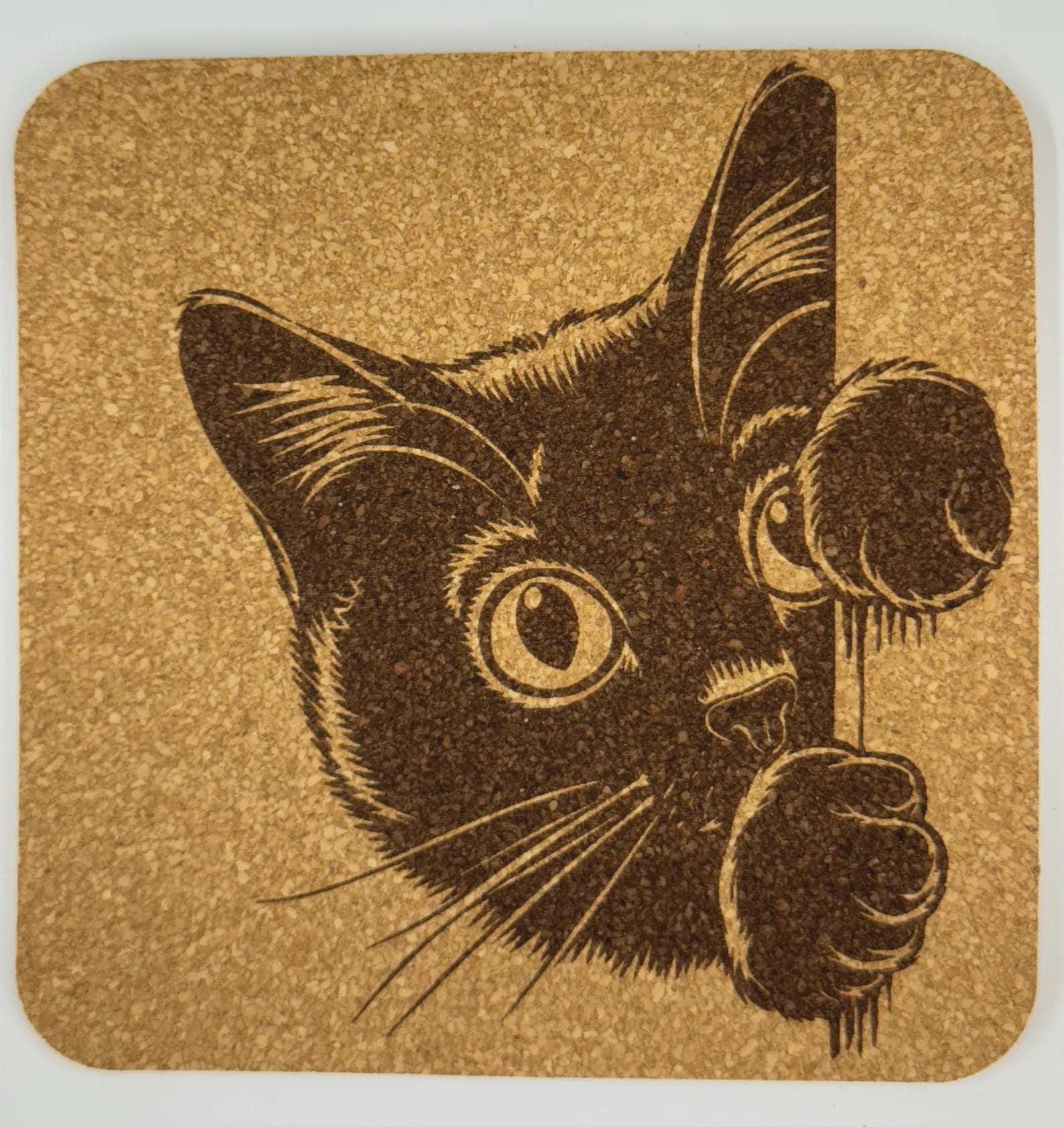 Curious Cat Cork Coaster – Playful Peeking Kitten Art
