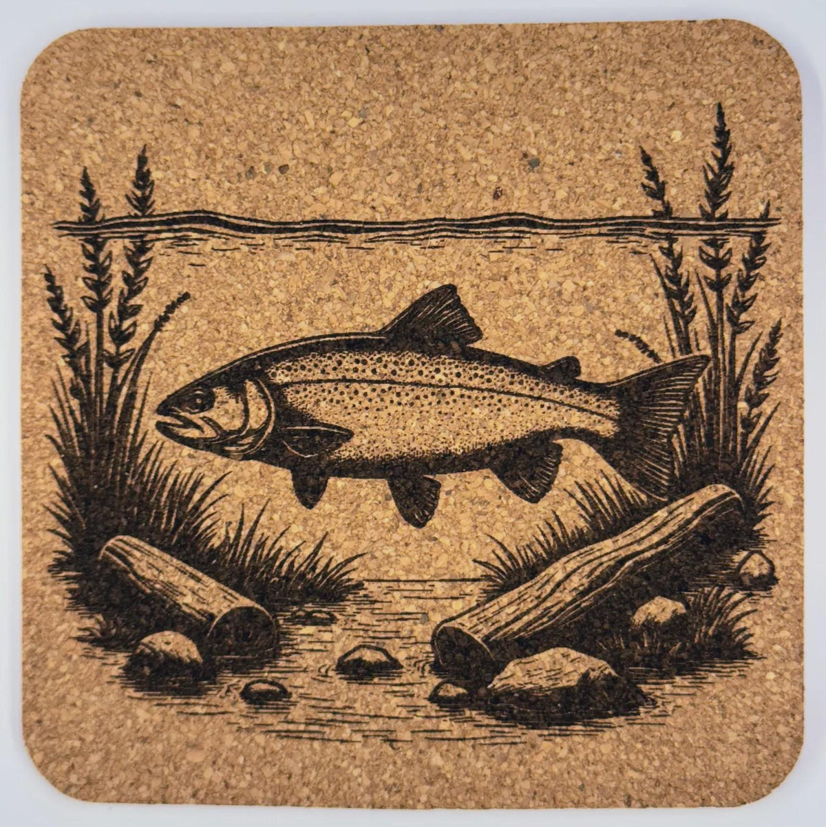 Classic River Trout Illustration – Engraved Cork Coaster