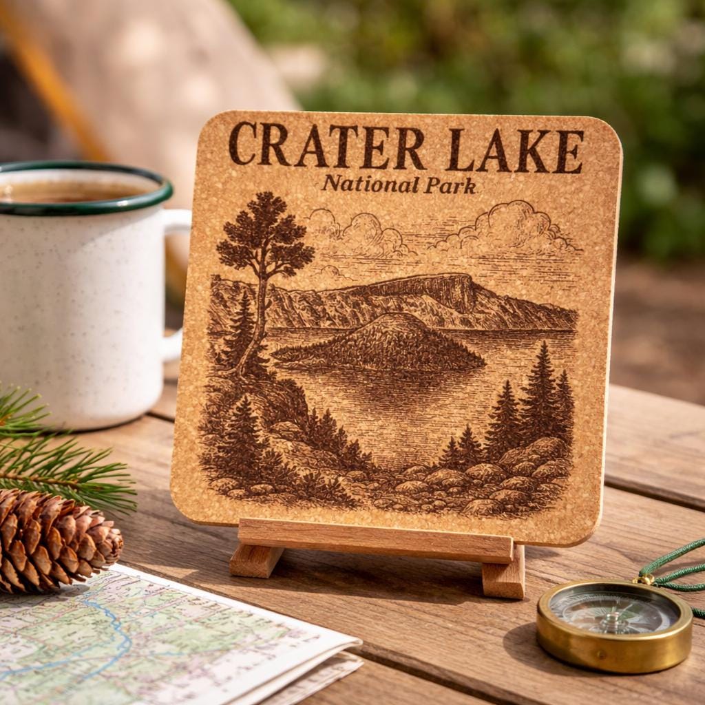 Crater Lake National Park Laser Engraved Cork Coaster – Oregon Volcanic Scene