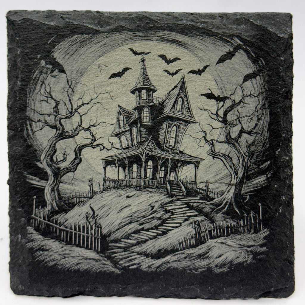 Haunted Hill House Under Full Moon – Laser Engraved Slate Coaster