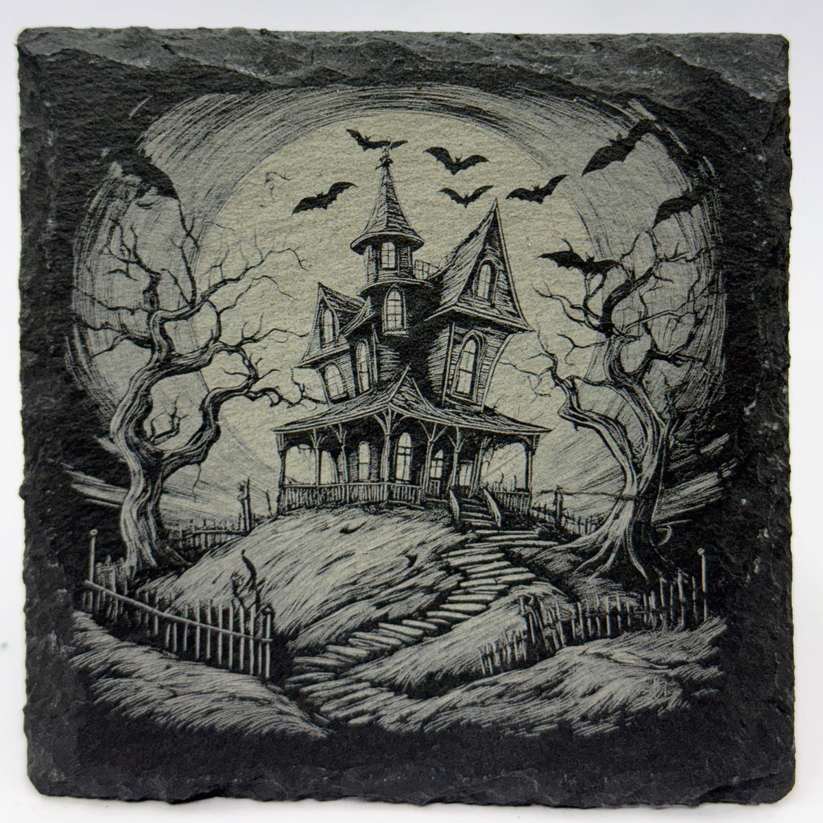 Haunted Hill House Under Full Moon – Laser Engraved Slate Coaster