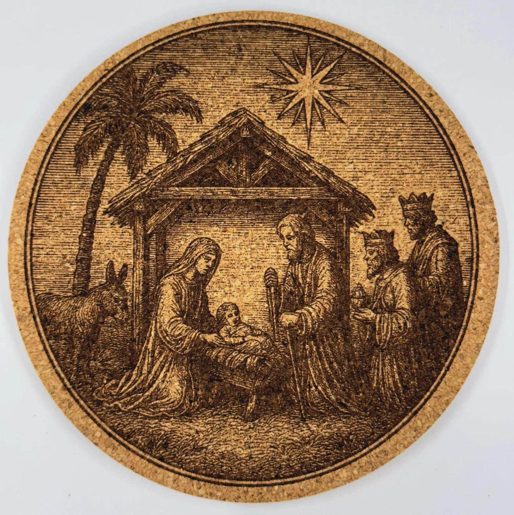 Nativity Scene Round Cork Coaster – Holy Family Christmas Religious Art