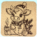 Holiday Highland Cow Cork Coaster – Cozy Scarf & Tree Art