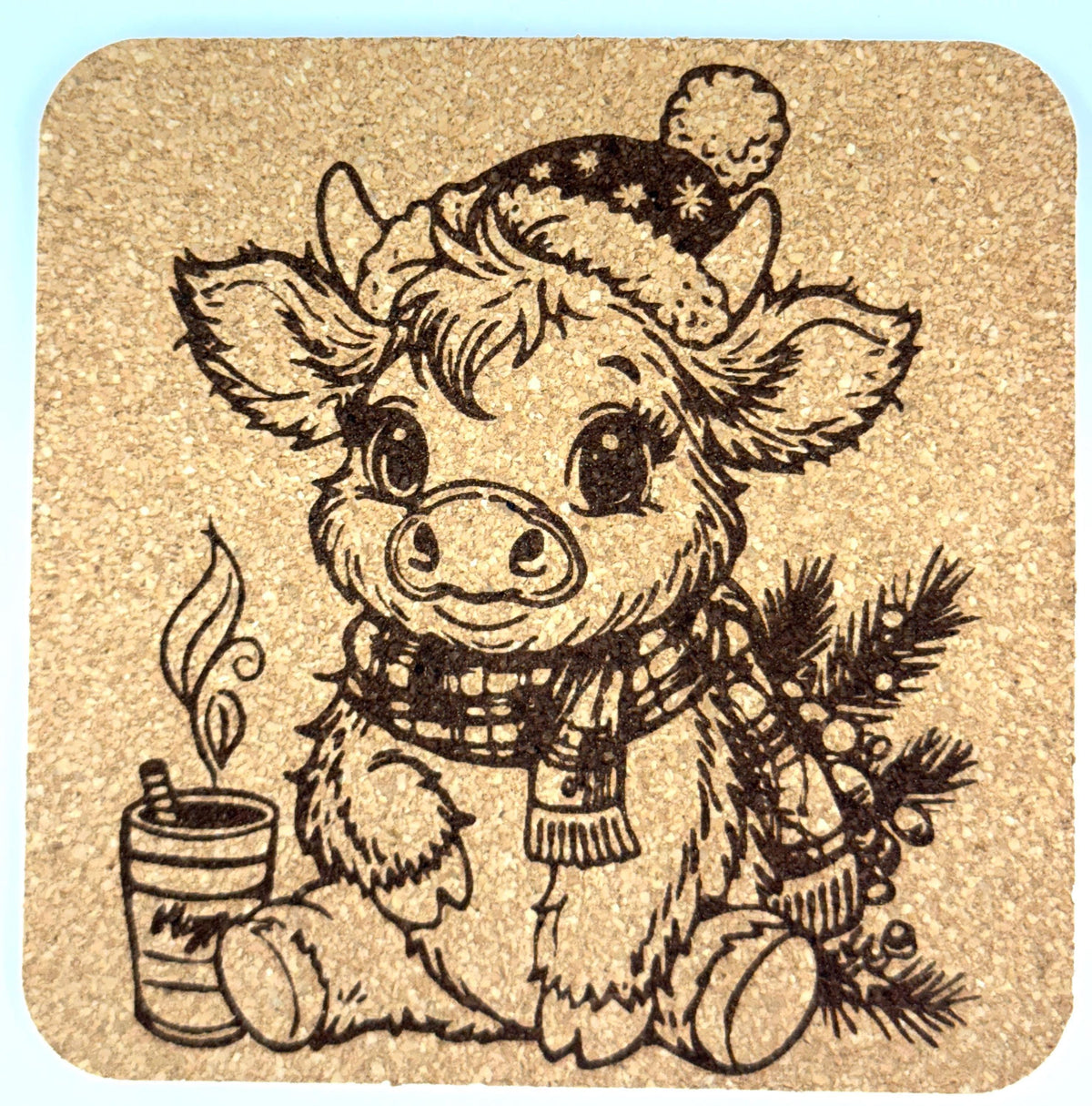 Holiday Highland Cow Cork Coaster – Cozy Scarf & Tree Art