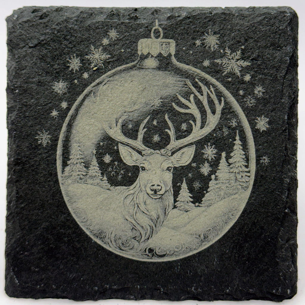 Woodland Deer Christmas Ornament Slate Coaster – Rustic Winter Wildlife