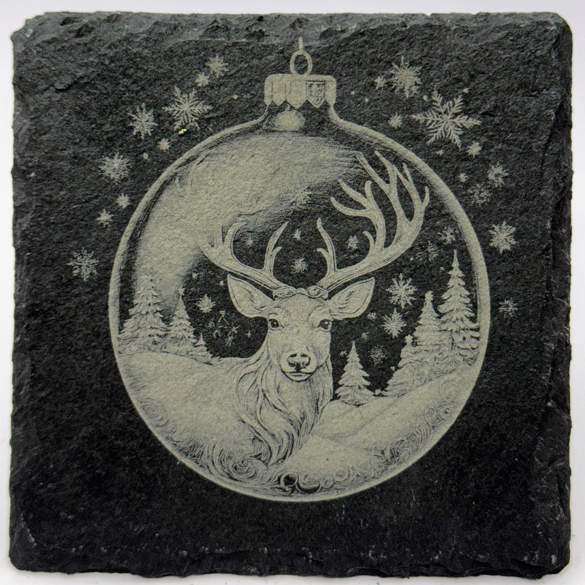 Woodland Deer Christmas Ornament Slate Coaster – Rustic Winter Wildlife