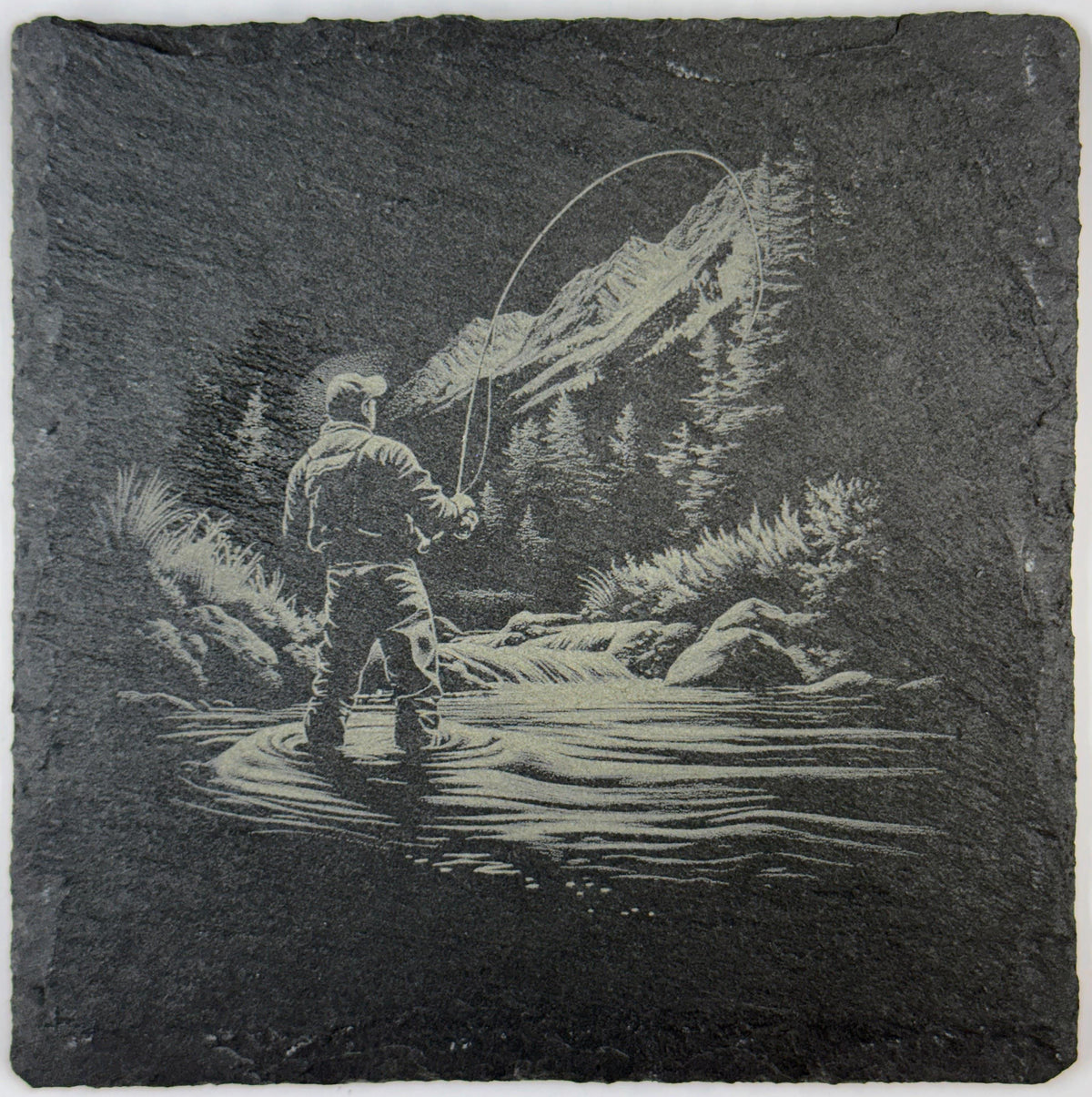 Mountain Fly Fishing Action Slate Coaster – Angler Casting at Dusk