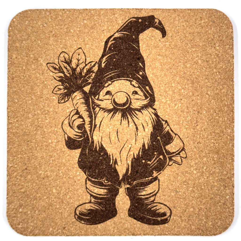 Happy Harvest Gnome with Carrot – Whimsical Garden Cork Coaster