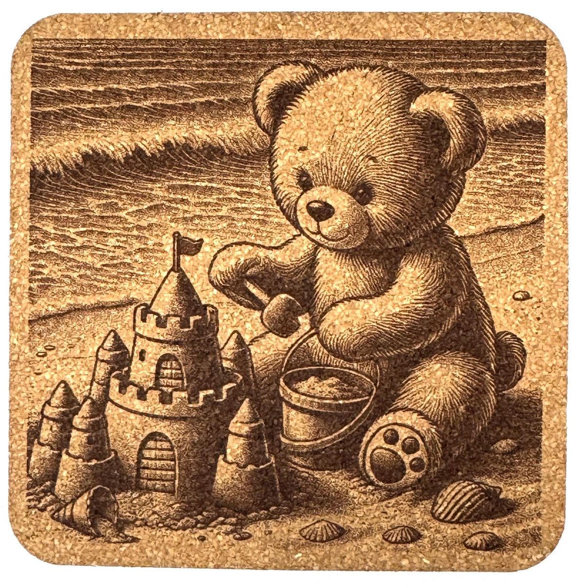 Bear Building Sandcastle – Beach Storybook Cork Coaster