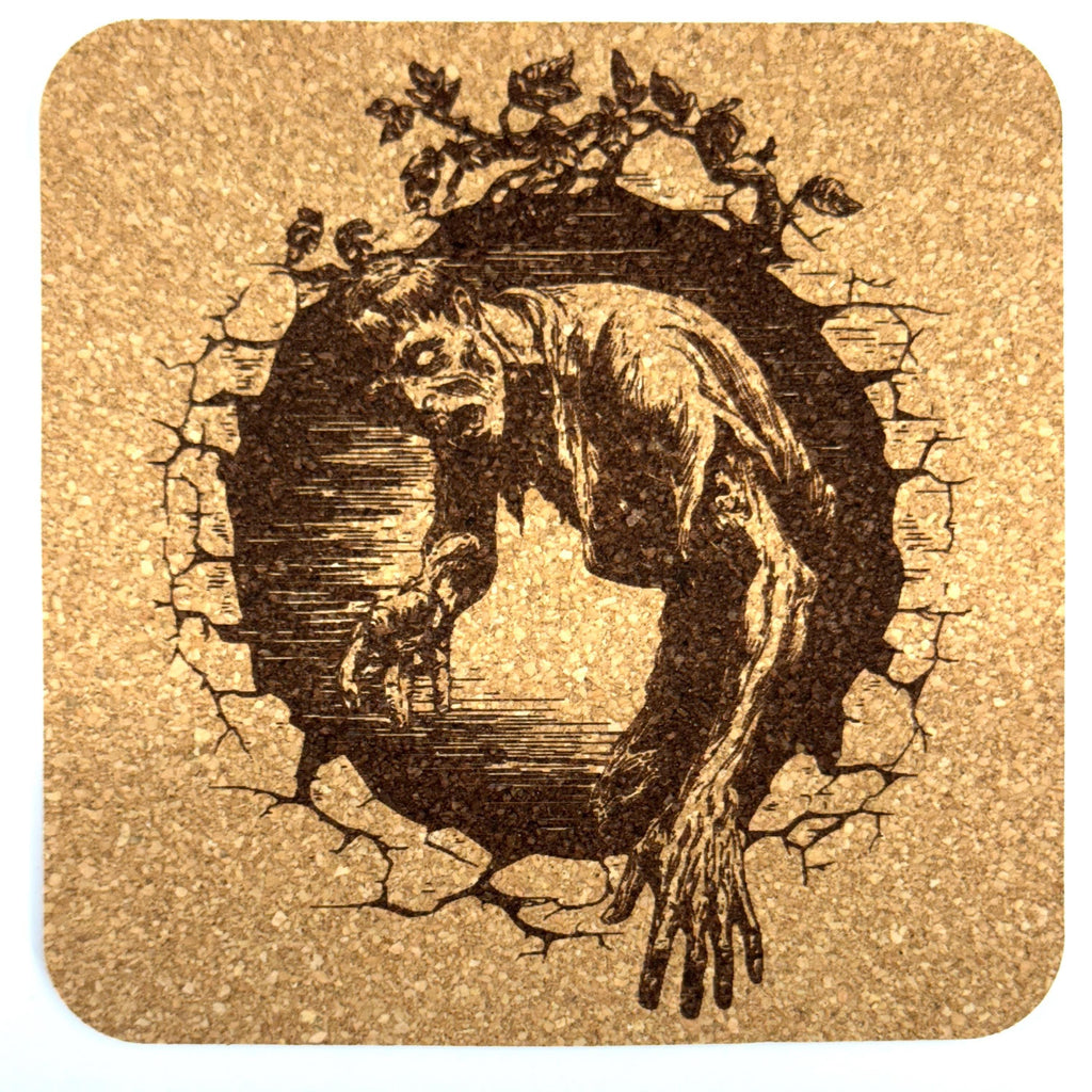 Zombie Breaking Through Wall Creepy Horror Cork Coaster – Undead Escape Art
