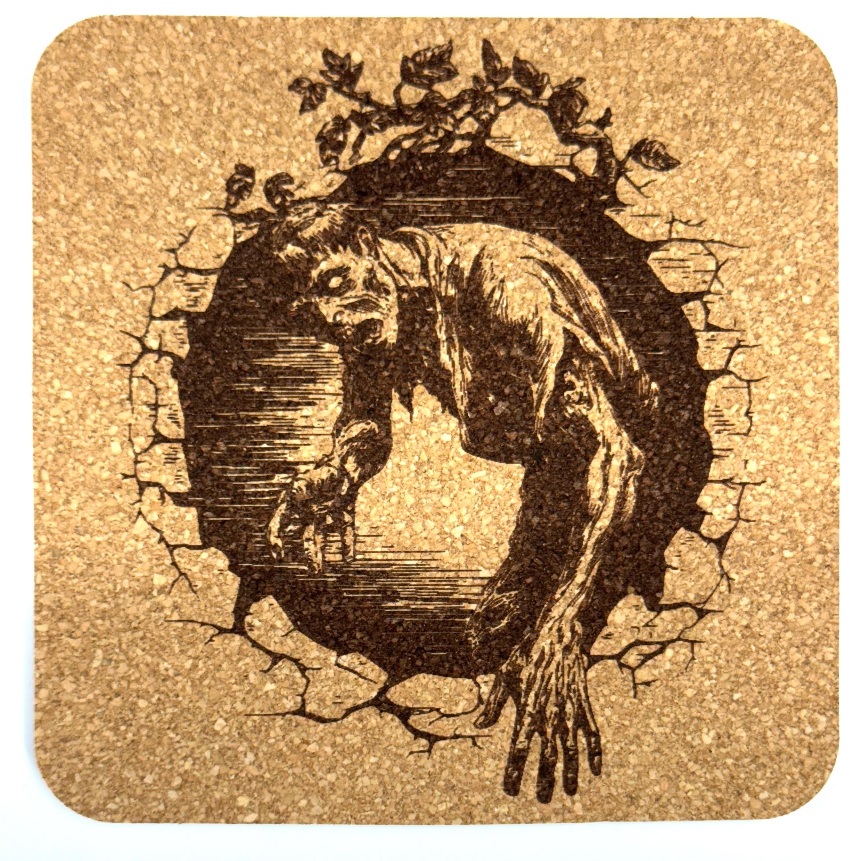 Zombie Breaking Through Wall Creepy Horror Cork Coaster – Undead Escape Art