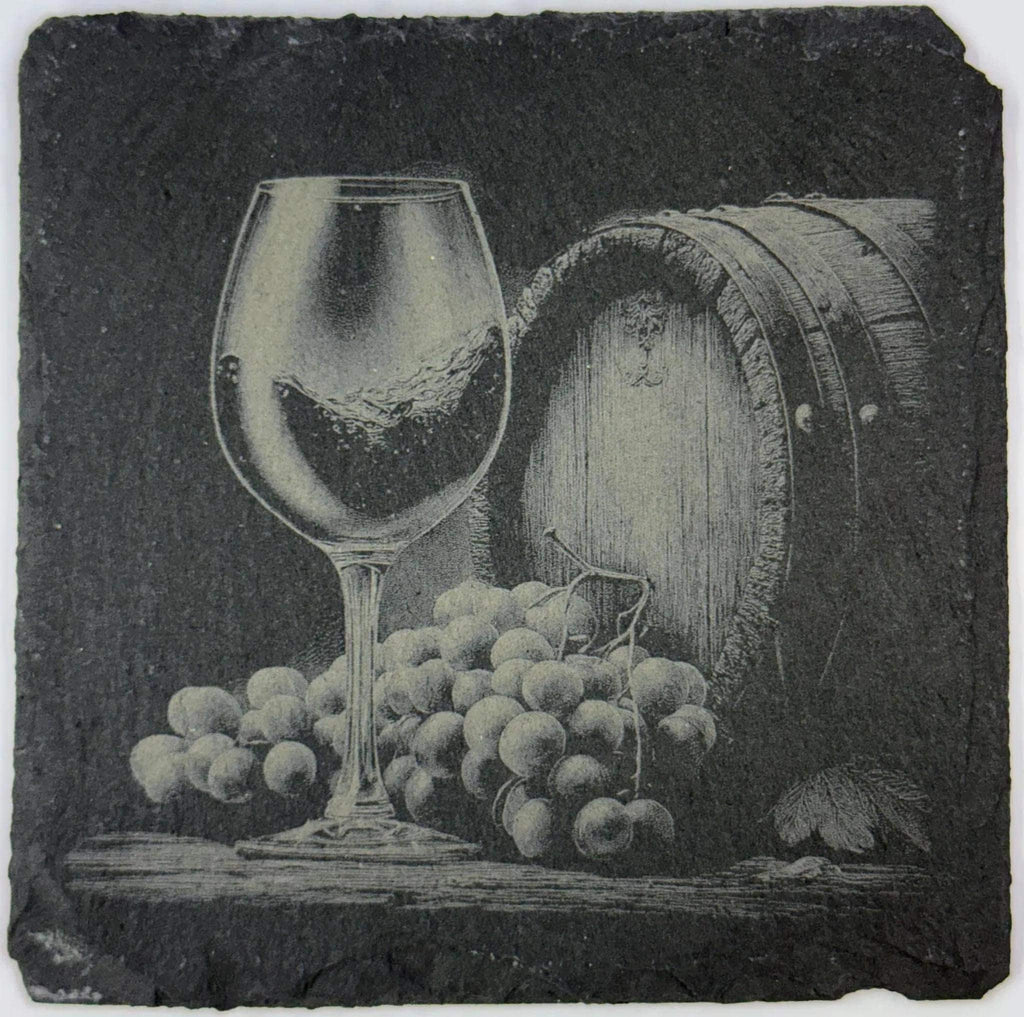 Wine Barrel & Glass with Grapes – Classic Vineyard Slate Coaster