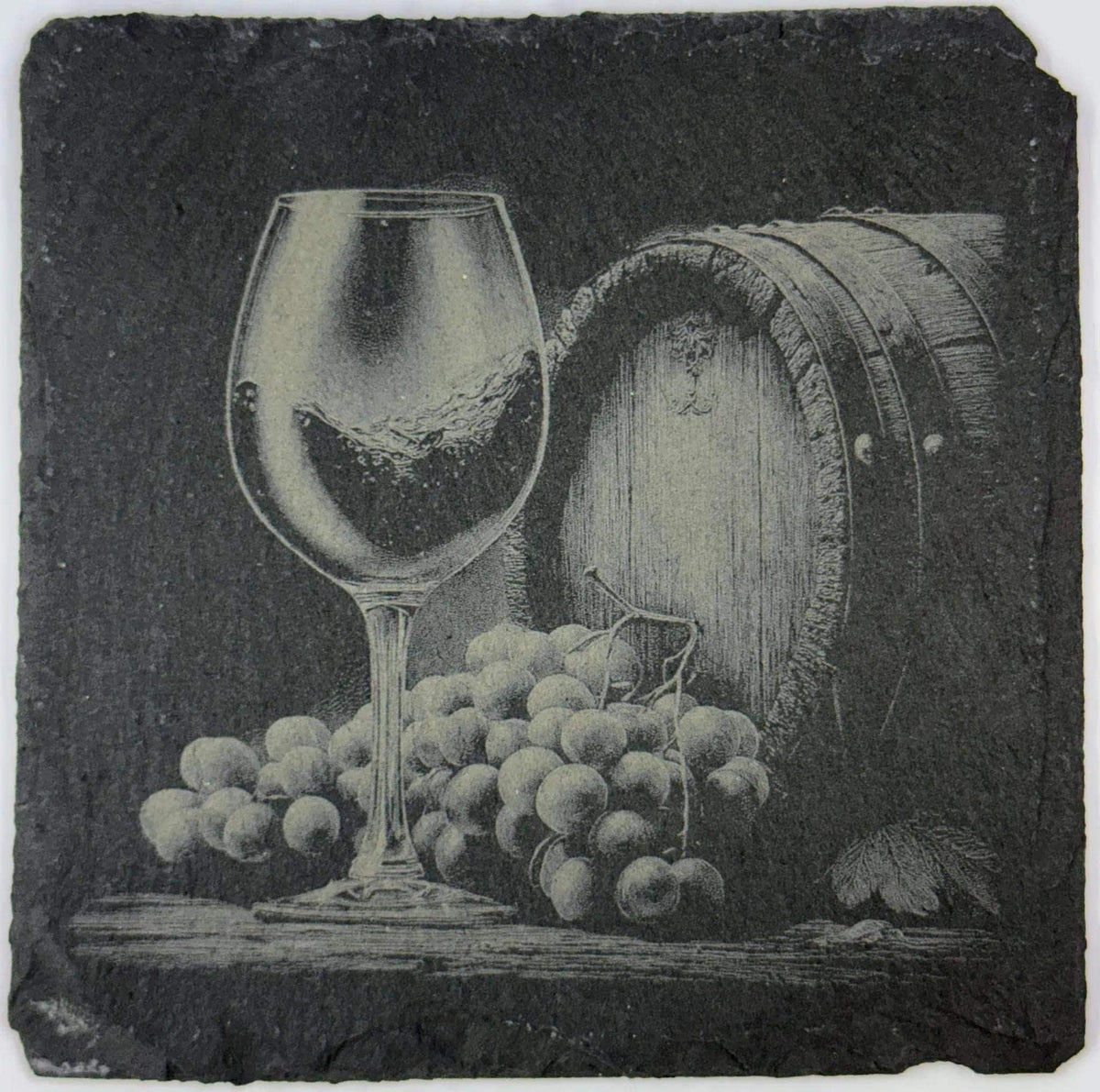 Wine Barrel & Glass with Grapes – Classic Vineyard Slate Coaster