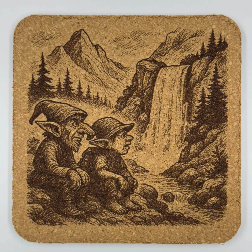 Goblin Waterfall Rest Cork Coaster – Whimsical Nature Fantasy Art