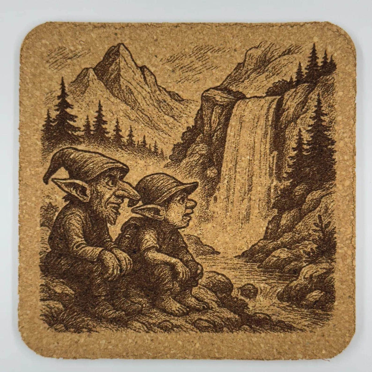 Goblin Waterfall Rest Cork Coaster – Whimsical Nature Fantasy Art