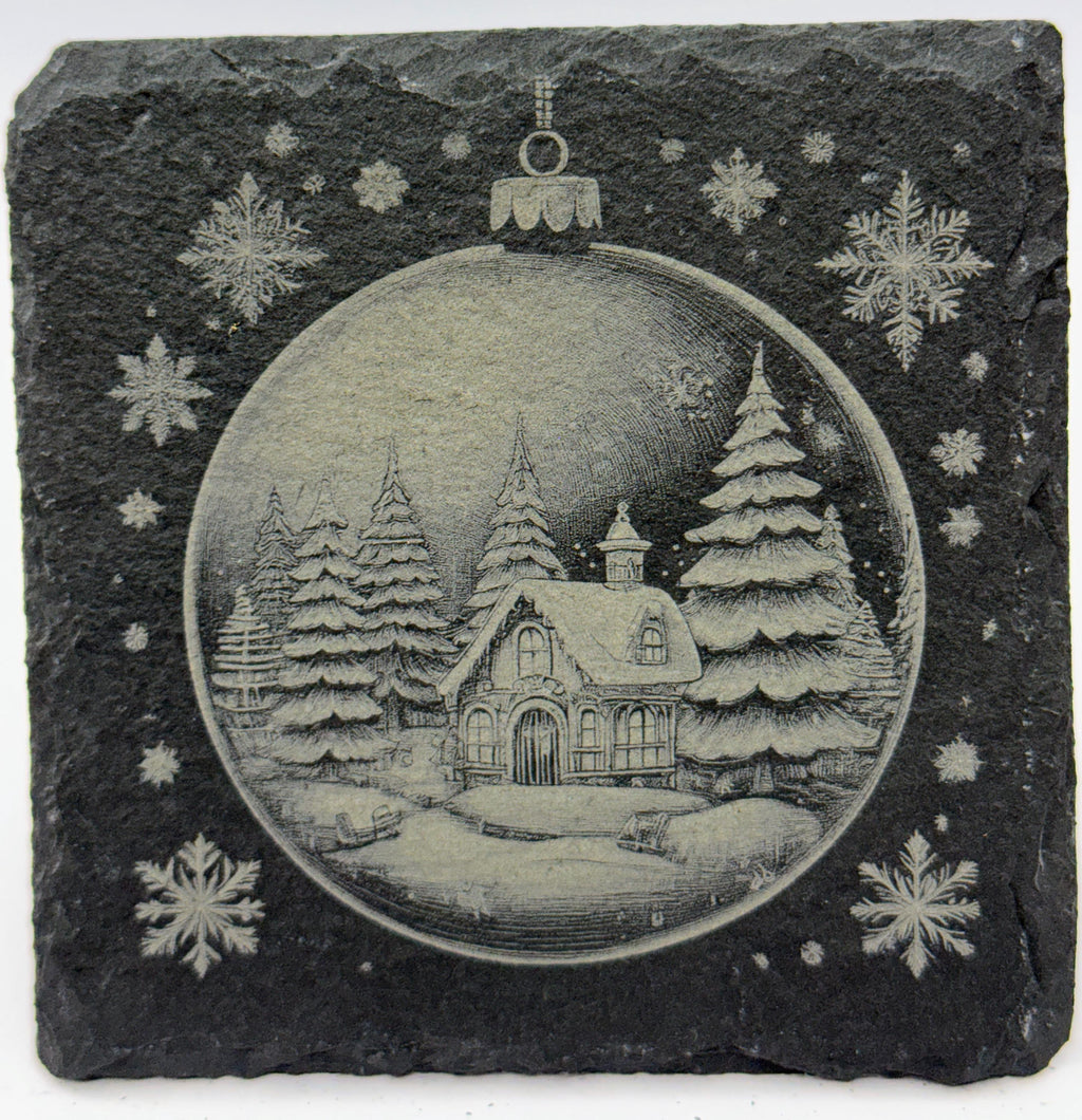 Snowy Chapel Christmas Ornament Slate Coaster – Peaceful Winter Scene