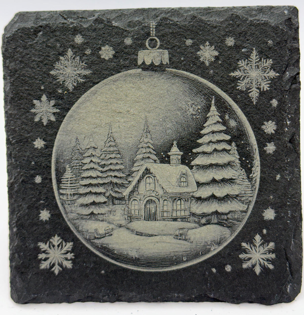 Snowy Chapel Christmas Ornament Slate Coaster – Peaceful Winter Scene