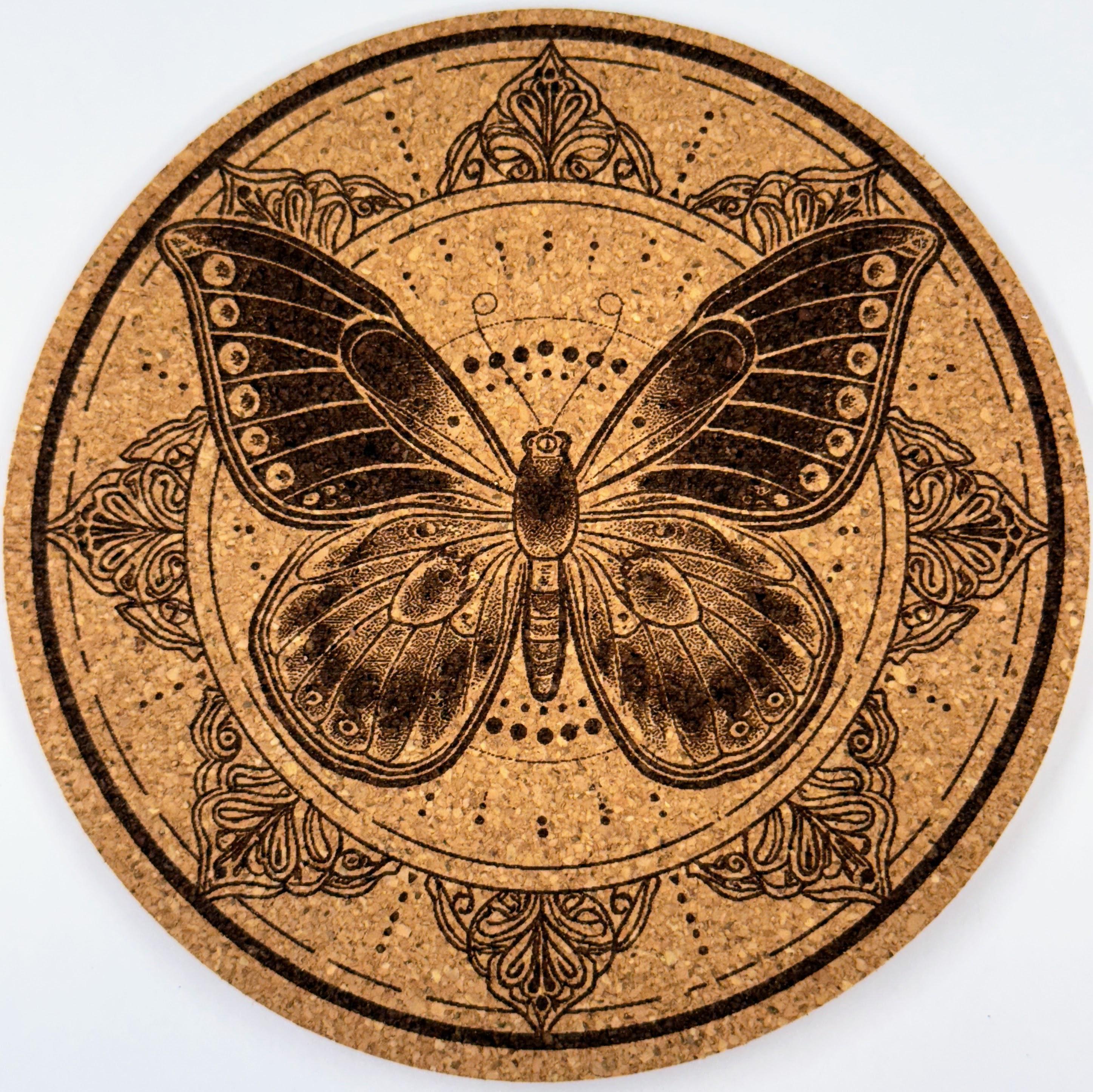 Art Nouveau Butterfly Mandala – Decorative Cork Coaster