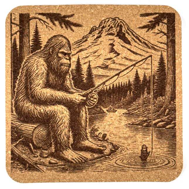 Bigfoot Fishing by the River – Mountain Forest Cork Coaster
