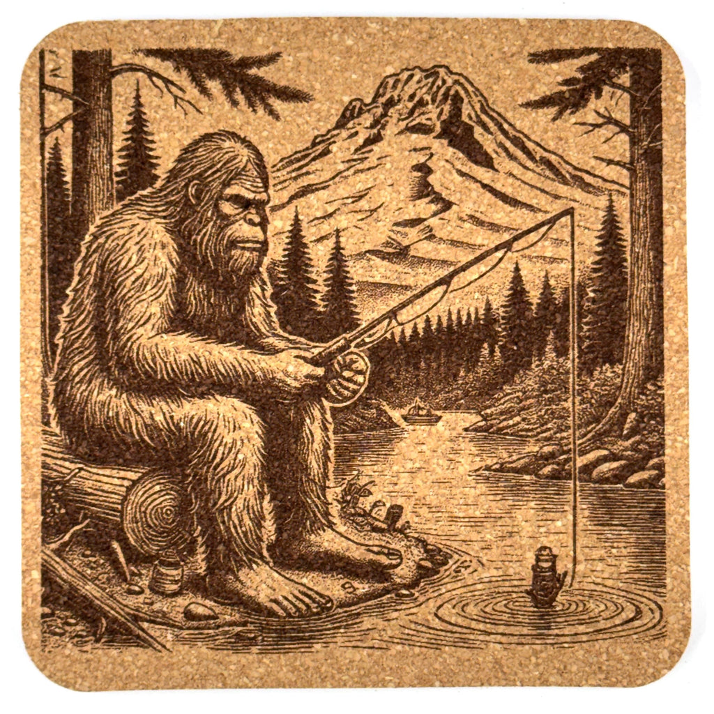 Bigfoot Fishing by the River – Mountain Forest Cork Coaster