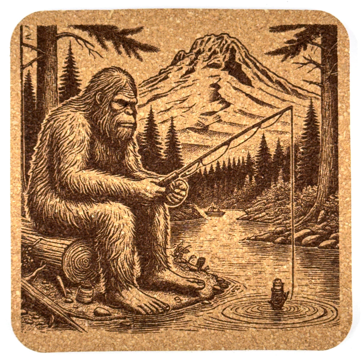 Bigfoot Fishing by the River – Mountain Forest Cork Coaster