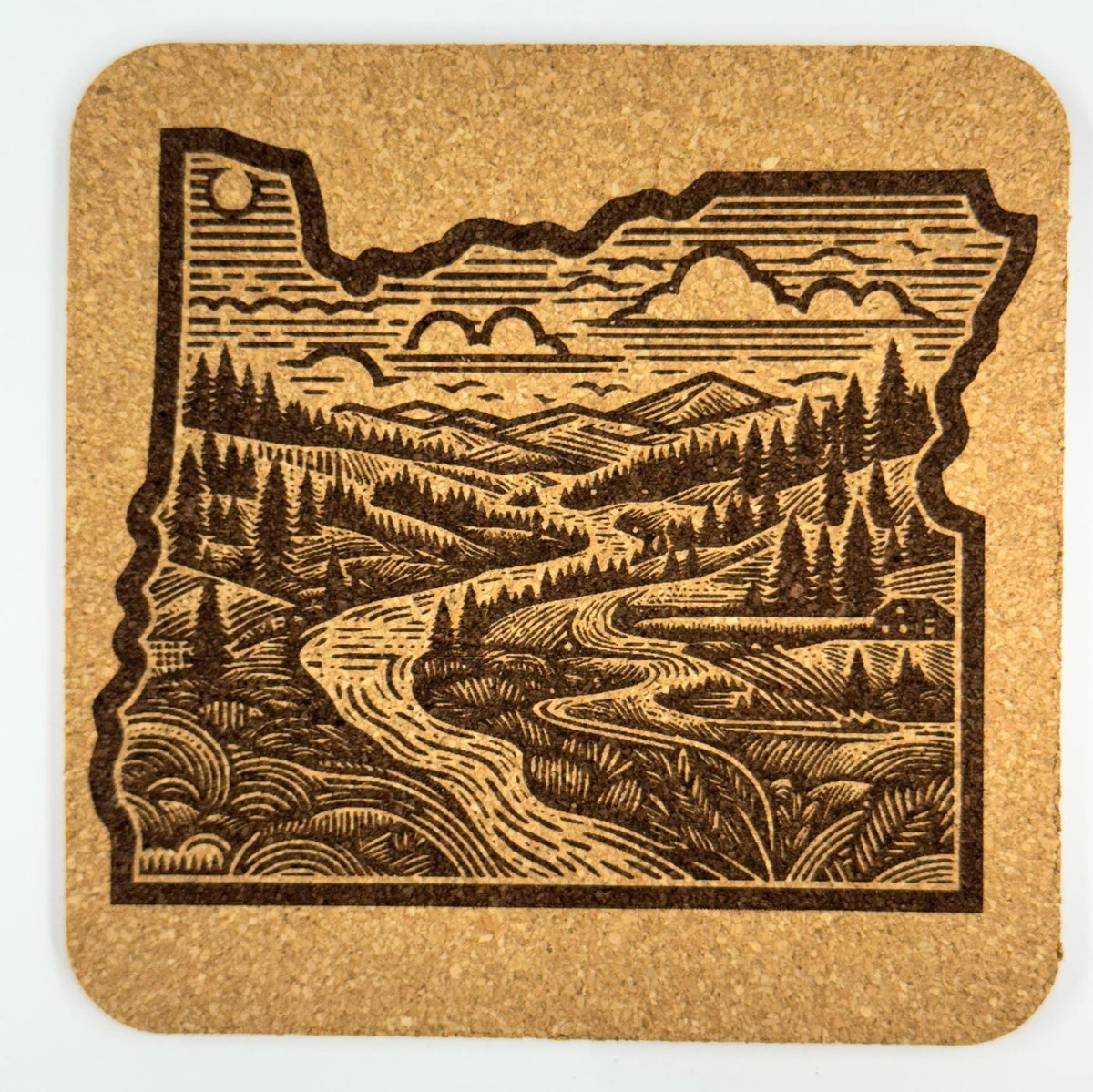 Oregon State Coaster – Engraved Cork Drink Coaster with Scenic PNW Landscape