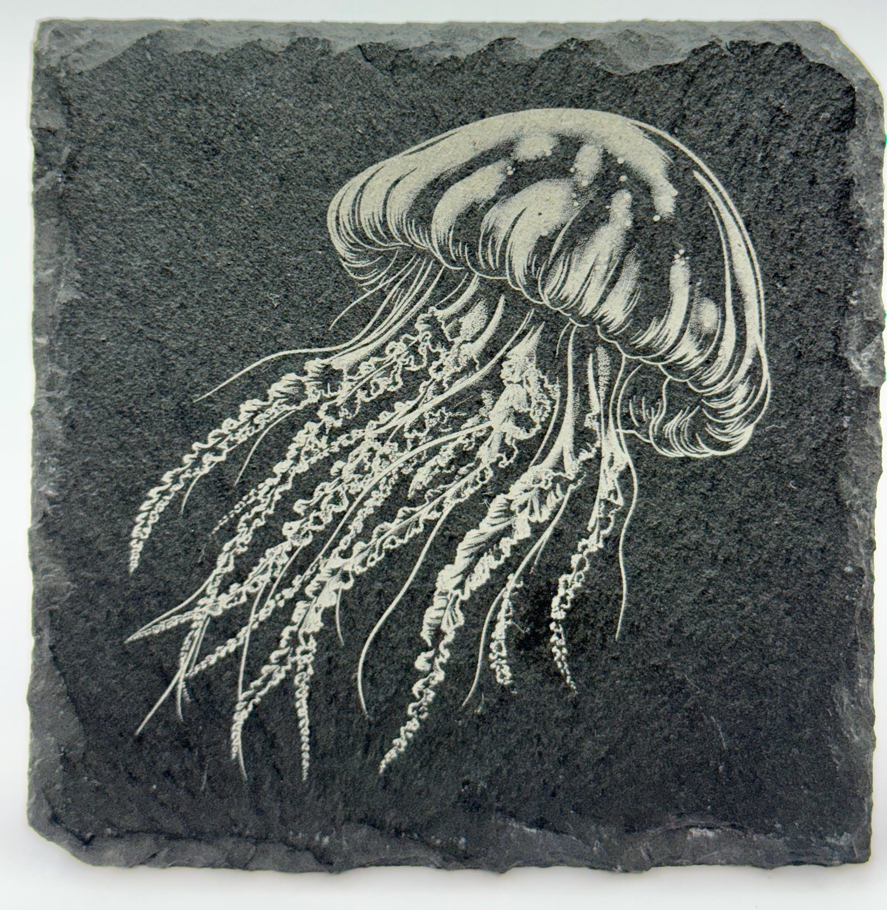 Floating Jellyfish Slate Coaster – Dreamy Ocean Engraved Stone