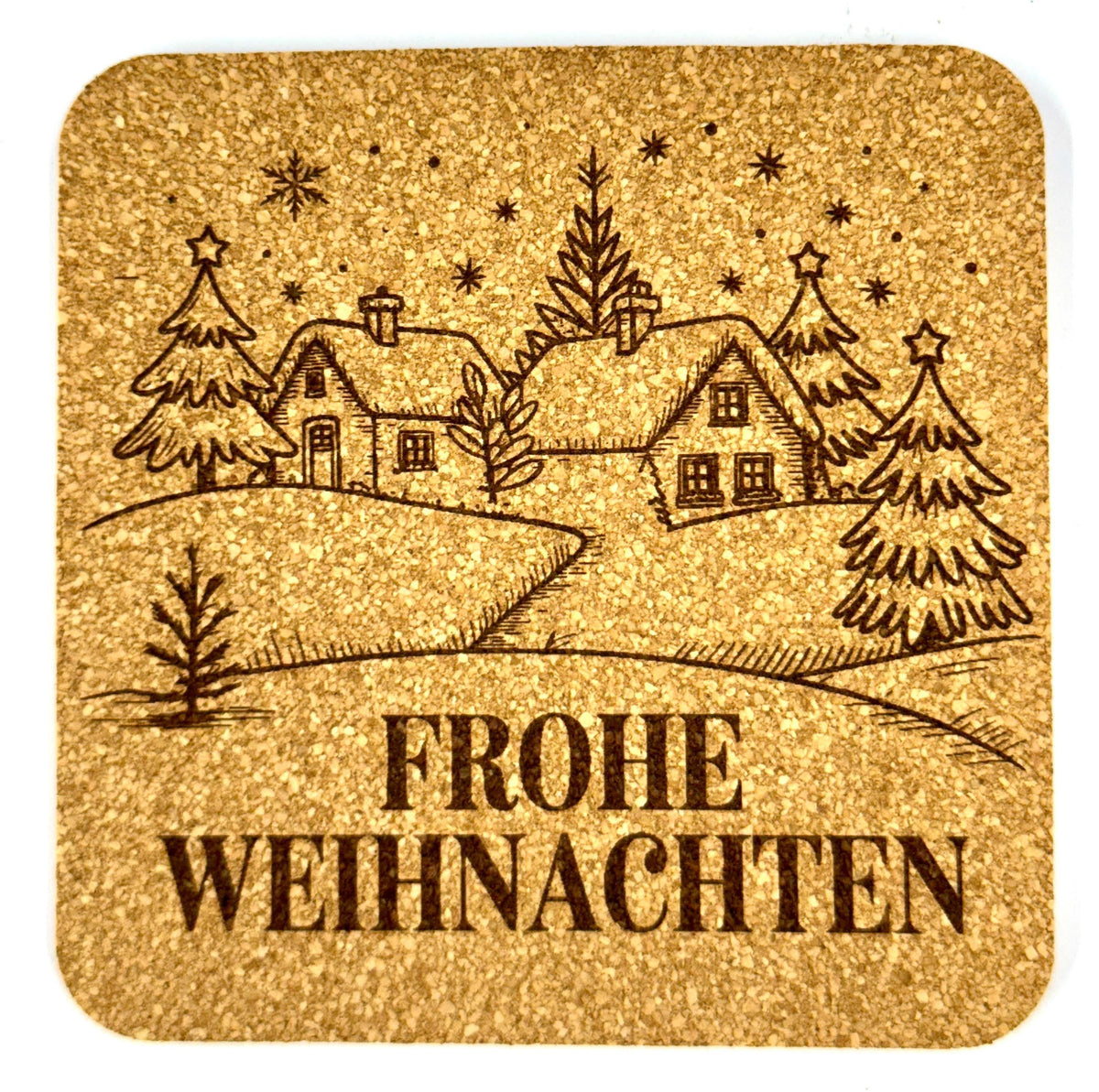 Frohe Weihnachten Cork Coaster – German Winter Village Scene
