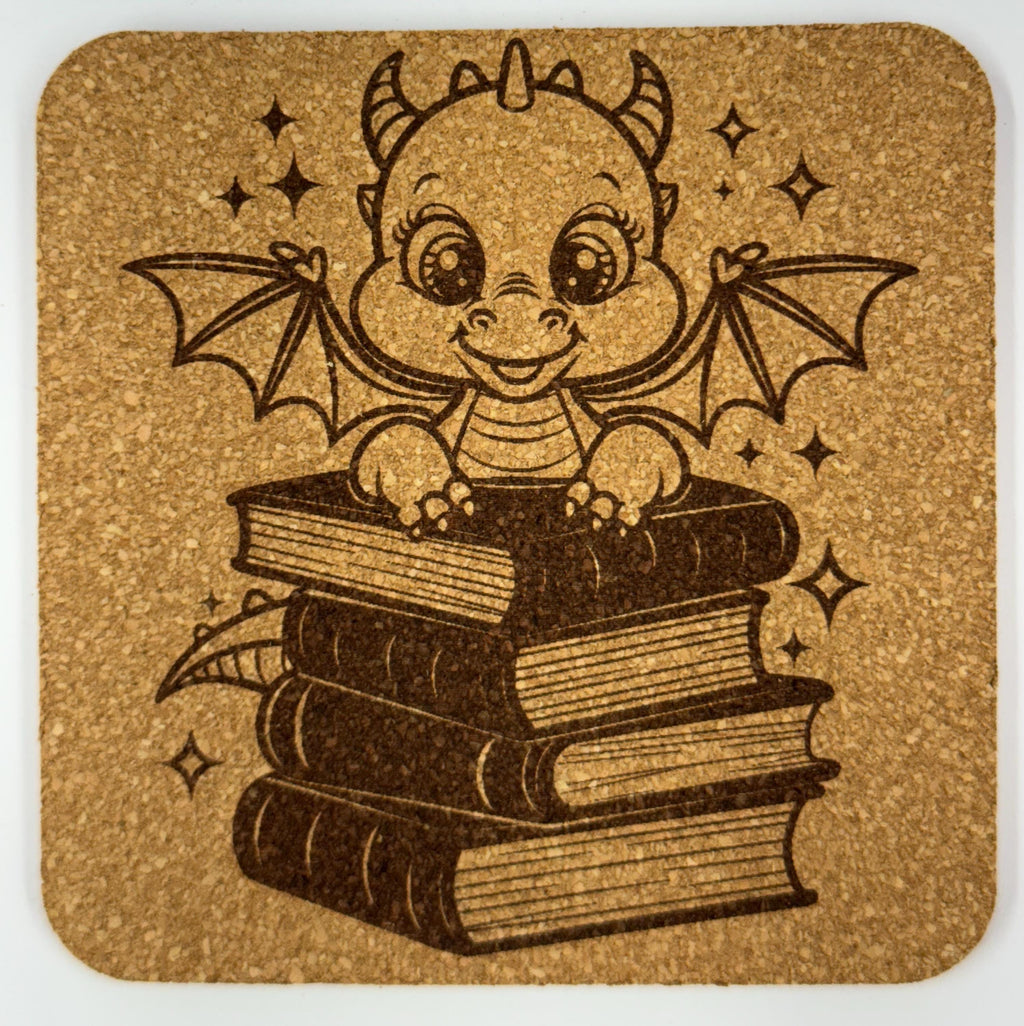 Cute Baby Dragon with Books – Whimsical Cork Coaster