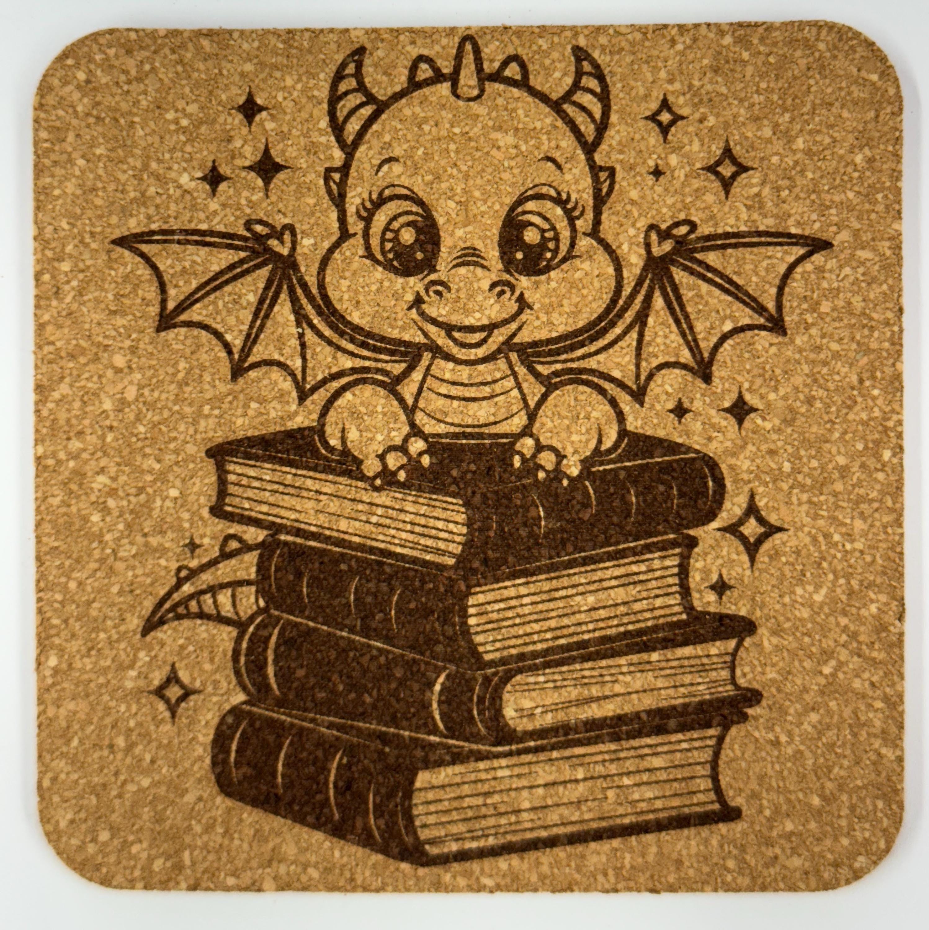 Cute Baby Dragon with Books – Whimsical Cork Coaster